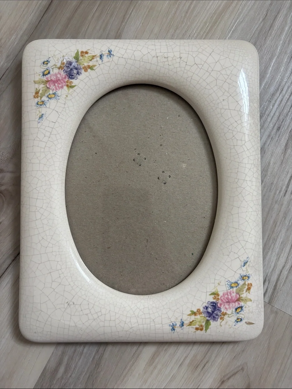 VTG Ceramic Crackle Glaze Floral Picture Frame Cream Oval Photo Opening